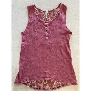 Women's American Age L Sleeveless Sheer Lace Back Top Distressed Look Red Violet